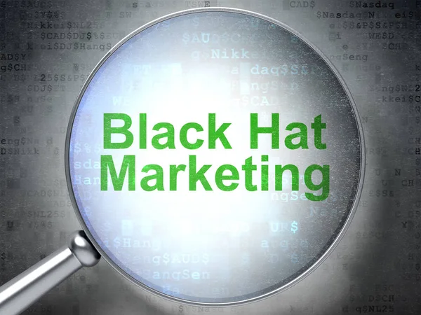 Маркетинговая концепция: Black Hat Marketing с оптическим стеклом — стоковое фото