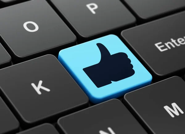 Conceptul de rețea socială: Thumb Up pe fundalul tastaturii computerului — Fotografie, imagine de stoc