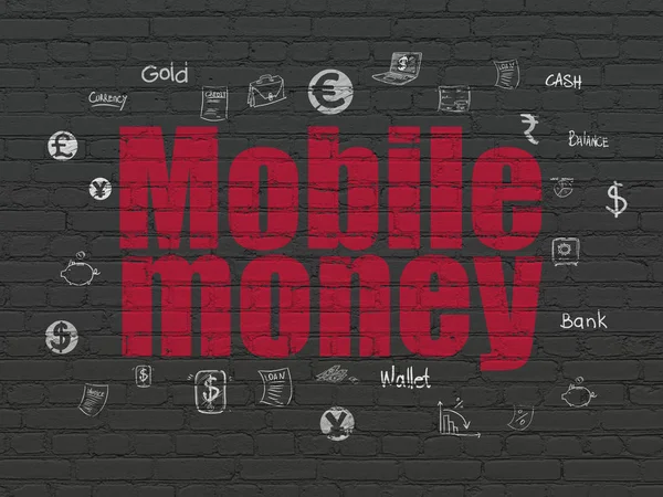 Koncept měny: mobilní peníze na zeď na pozadí — Stock fotografie