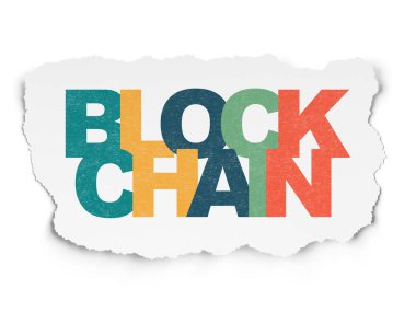 Para birimi kavramı: Blockchain yırtık kağıt arka plan üzerinde