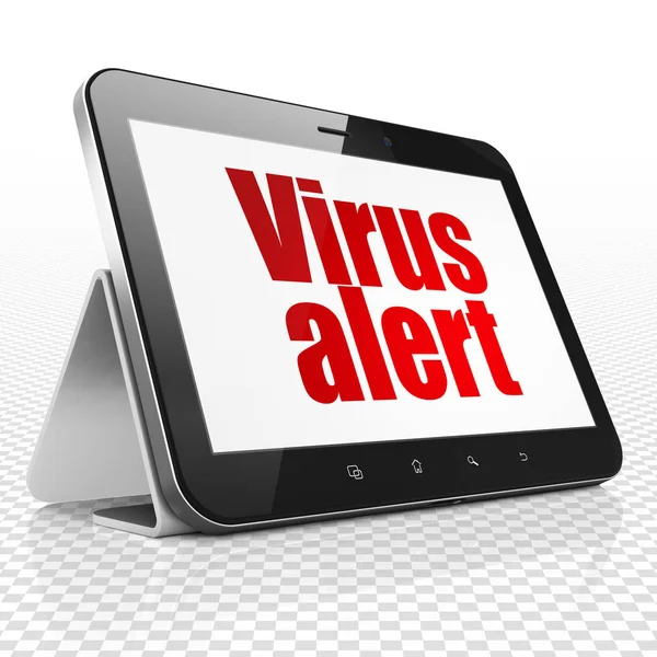 गोपनीयता संकल्पना: डिस्प्लेवर व्हायरस अलर्टसह टॅब्लेट संगणक — स्टॉक फोटो, इमेज