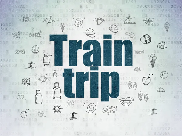 Pojęcie turystyki: podróż pociągiem na tle cyfrowych danych papierze — Zdjęcie stockowe