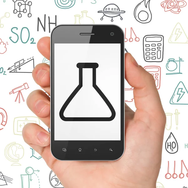 Concepto científico: Smartphone de mano con frasco en pantalla —  Fotos de Stock
