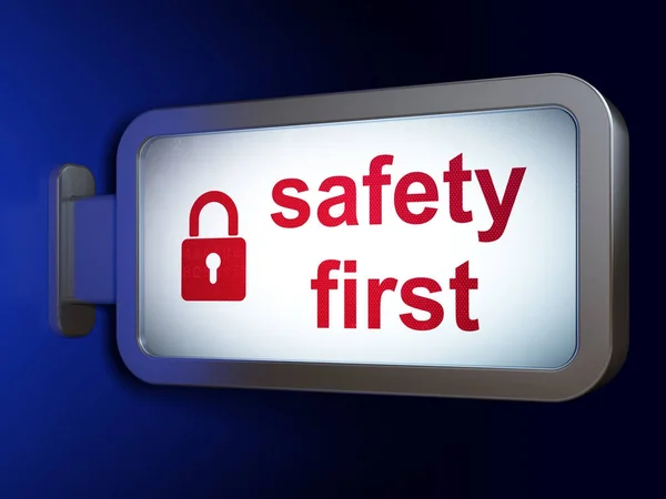 Biztonsági koncepció: biztonsági első és a zárt lakat billboard háttér — Stock Fotó