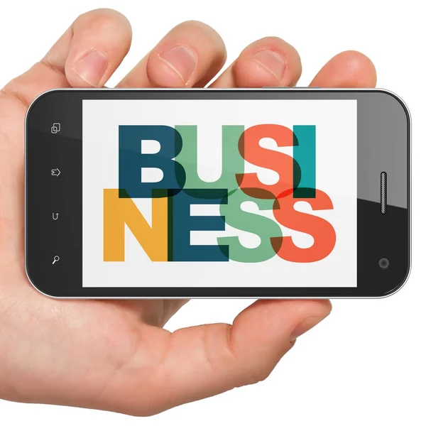 Conceito de negócio: mão segurando Smartphone com negócios em exibição — Fotografia de Stock