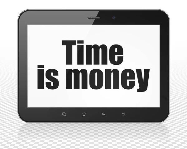 Conceito de negócio: Tablet PC computador com tempo é dinheiro em exibição — Fotografia de Stock