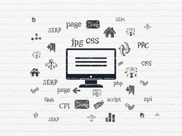 Web デザイン コンセプト: 壁の背景にモニター — ストック写真