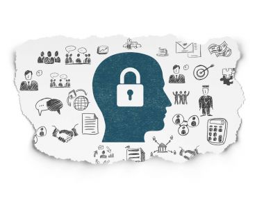 İş kavramı: kafa ile asma kilit yırtılmış kağıt arka plan üzerinde