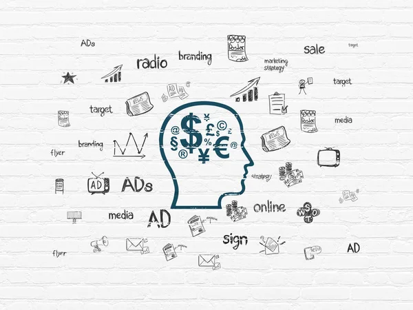 Concetto di marketing: Head With Finance Simbolo sullo sfondo della parete — Foto Stock