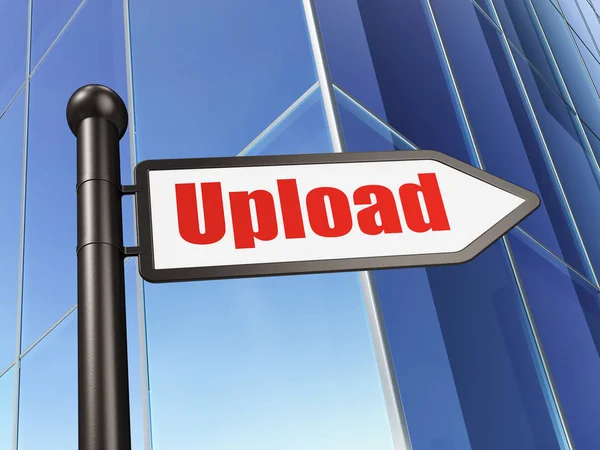 Web ontwerpconcept: Upload ondertekenen op het opbouwen van de achtergrond — Stockfoto