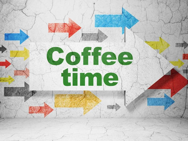 Concetto temporale: freccia con Coffee Time sullo sfondo della parete grunge — Foto Stock