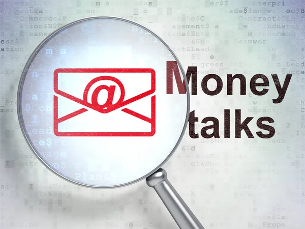 Business concept: Email and Money Talks with optical glass — Stock Photo, Image