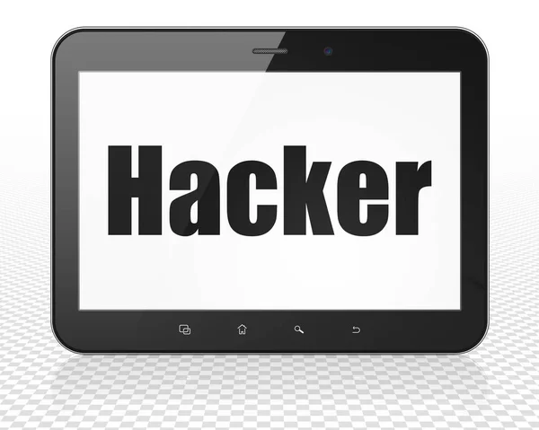 Концепция безопасности: планшетный компьютер с хакером на дисплее — стоковое фото