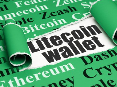 Cryptocurrency kavramı: metin Litecoin cüzdan yırtık kağıt altında siyah