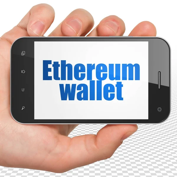 Blockchain コンセプト: 手を保持しているスマート フォン、ディスプレイ上の Ethereum 財布 — ストック写真