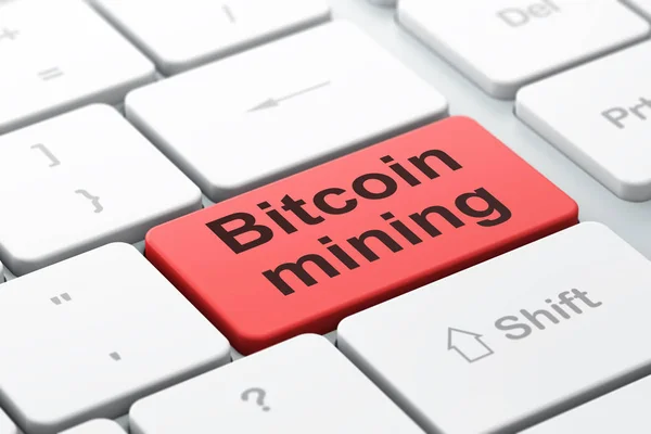 Концепция Blockchain: Bitcoin Mining на фоне клавиатуры компьютера — стоковое фото