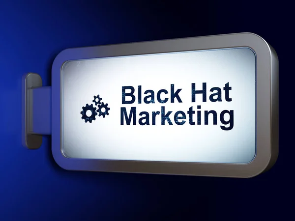 Conceito de publicidade: Black Hat Marketing and Gears on billboard background — Fotografia de Stock