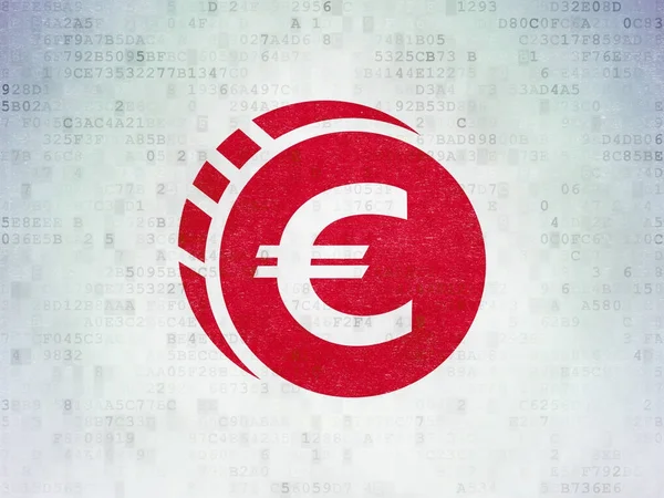 Concepto de dinero: Moneda en euros en el fondo del documento de datos digitales — Foto de Stock