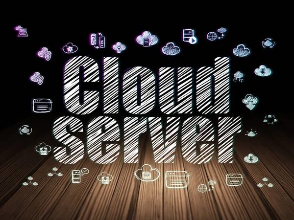Концепция создания облачных сетей: облачный сервер в гранж-темной комнате — стоковое фото