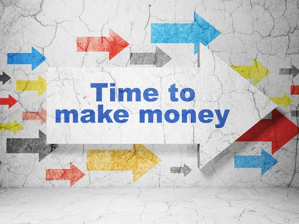Finance koncept: pil med tid för att tjäna pengar på grunge vägg bakgrund — Stockfoto