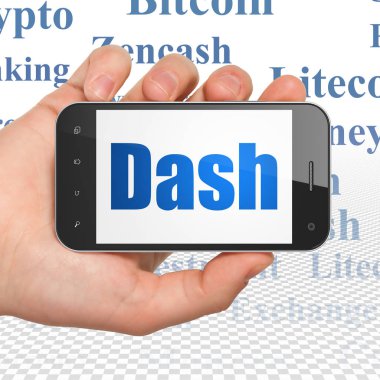 Cryptocurrency kavramı: el Smartphone çizgi ekranda ile Holding