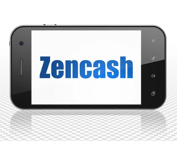 Blockchain コンセプト: ディスプレイの Zencash とスマート フォン — ストック写真