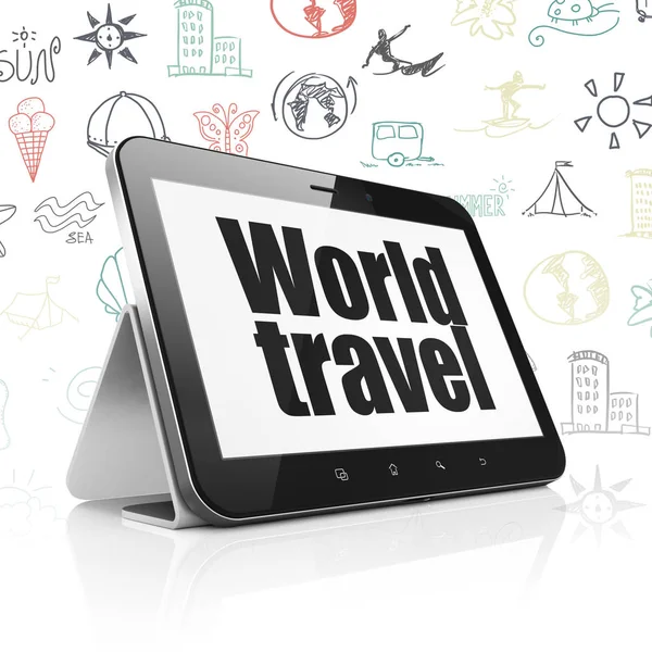 Travel concept: Tablet PC met World Travel op display — Stockfoto