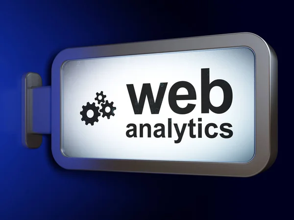 Web geliştirme kavramı: Web Analytics ve dişli üzerinde billboard arka plan — Stok fotoğraf