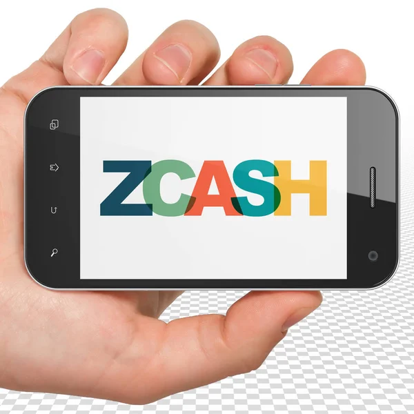 Concept van de Blockchain: Hand Holding Smartphone met Zcash op het display — Stockfoto