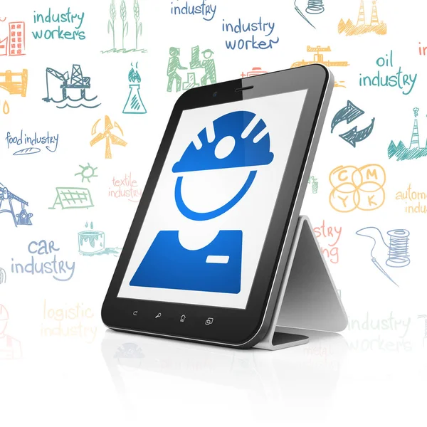 Manufacuring concept: Tablet PC met fabrieksarbeider tentoongesteld — Stockfoto
