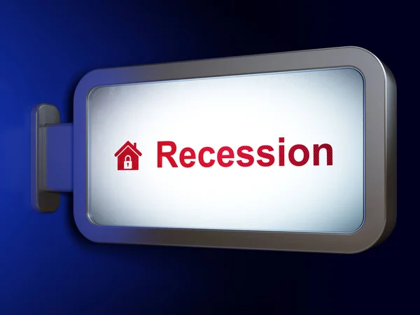 Финансовая концепция: рецессия и дом на фоне рекламных щитов — стоковое фото