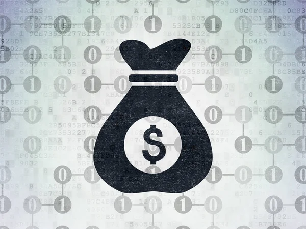 Koncepcja biznesowa: worek pieniędzy na tle cyfrowych danych papierze — Zdjęcie stockowe
