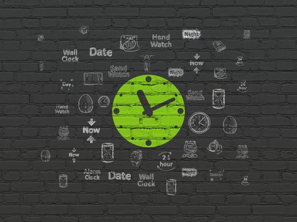 Timeline-Konzept: Uhr auf Wand-Hintergrund — Stockfoto