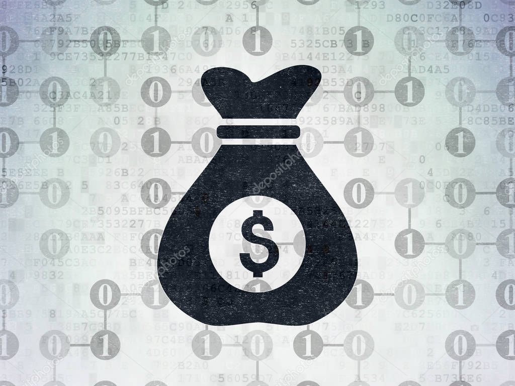 Business concept: Money Bag on Digital Data Paper background
