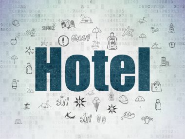 Seyahat kavramı: dijital veri kağıt arka plan üzerinde otel