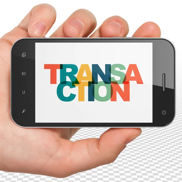 Concepto bancario: Smartphone de mano con transacción en pantalla — Foto de Stock
