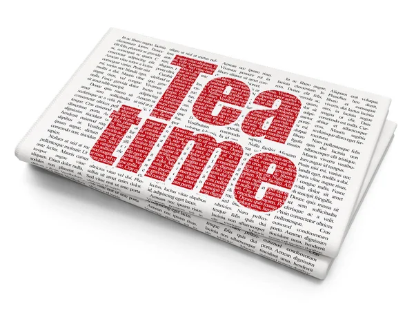 Pojem o čase: čaj čas na pozadí noviny — Stock fotografie