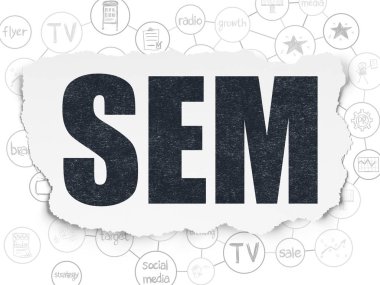 Reklam kavramı: Sem yırtılmış kağıt arka plan üzerinde