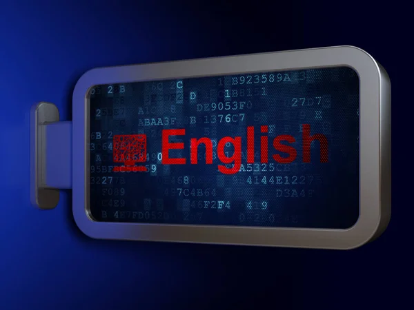 Концепция образования: английский и компьютерный ПК на фоне рекламного щита — стоковое фото