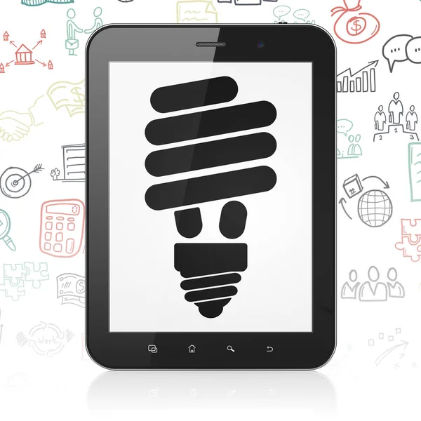 Geschäftskonzept: Tablet-Computer mit Energiesparlampe auf dem Display — Stockfoto