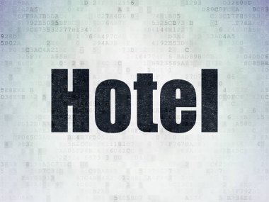 Tatil kavramı: dijital veri kağıt arka plan üzerinde otel