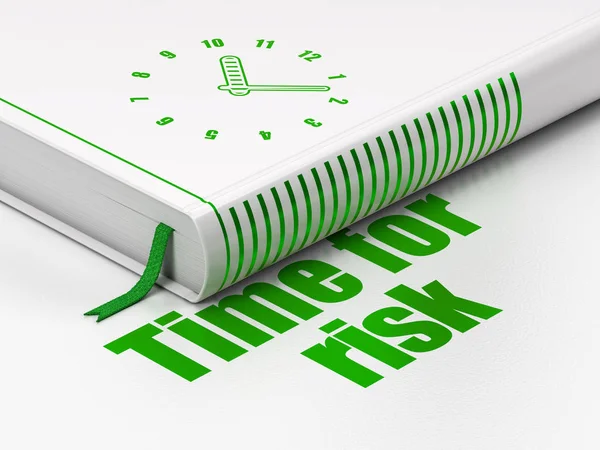 Tijdlijn concept: boek klok, tijd voor risico op witte achtergrond — Stockfoto