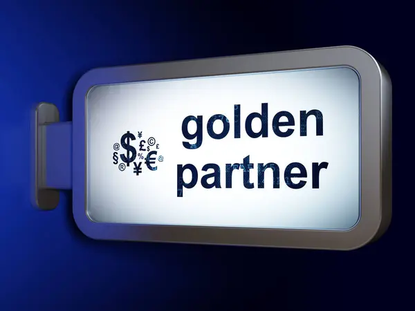 Концепция бизнеса: Золотой партнер и финансовый символ на фоне рекламного щита — стоковое фото