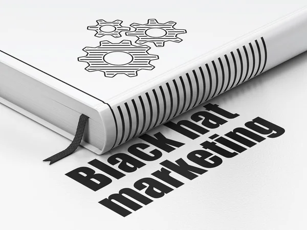 Geschäftskonzept: Buchausrüstung, schwarzer Hut Marketing auf weißem Hintergrund — Stockfoto