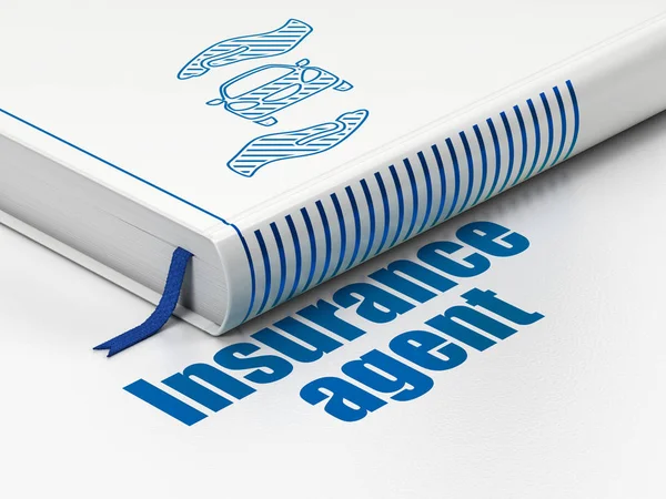 Versicherungskonzept: Auto und Handfläche buchen, Versicherungsvertreter auf weißem Hintergrund — Stockfoto
