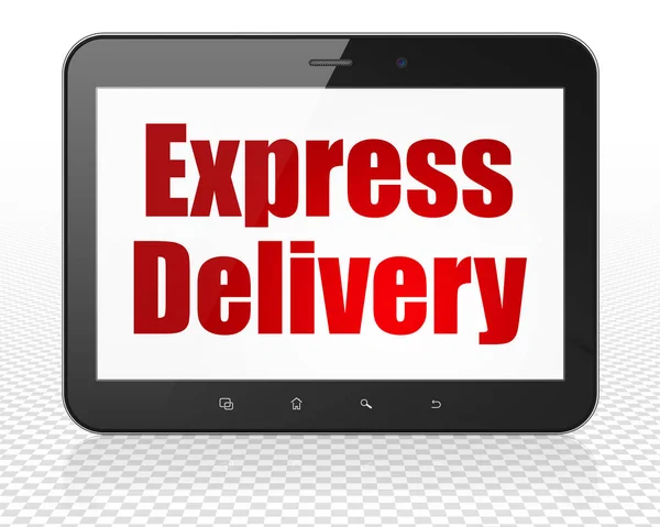 Bedrijfsconcept: Tablet Pc-Computer met Express Delivery tentoongesteld — Stockfoto