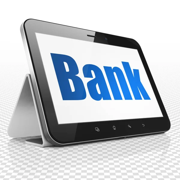 Geldkonzept: Tablet-Computer mit Bank im Schaufenster — Stockfoto