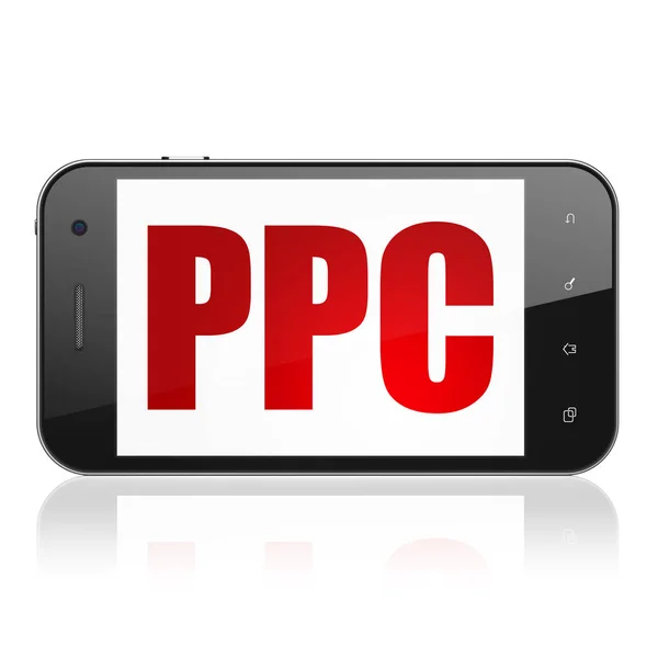 广告概念︰ Ppc 上显示的智能手机 — 图库照片