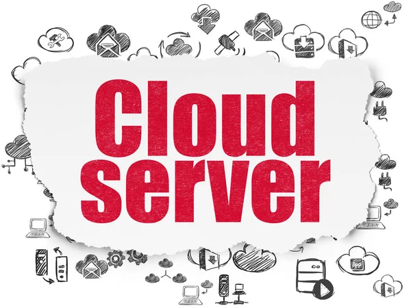 Návrh technologie cloud: Cloud Server na roztrhané papírové pozadí — Stock fotografie