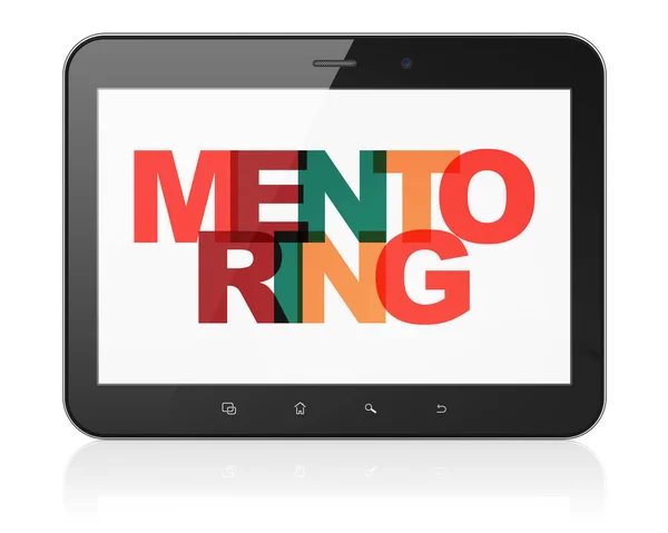 Concetto educativo: computer tablet con mentoring in mostra — Foto Stock